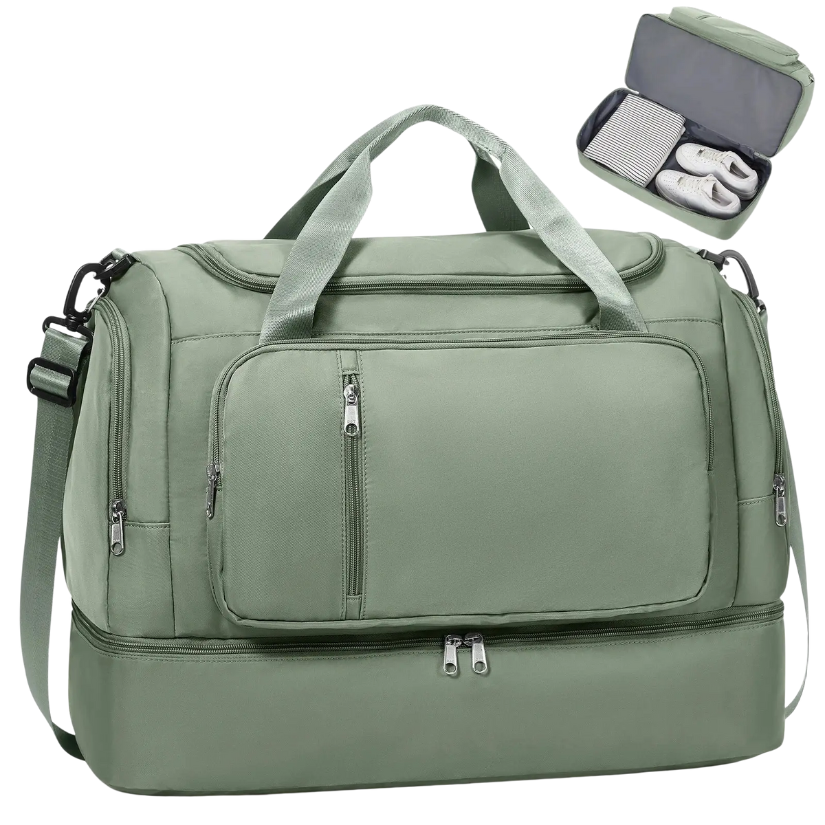 Olive green nylon women travel duffel bag with multiple zippers and detachable shoulder strap weekender tote