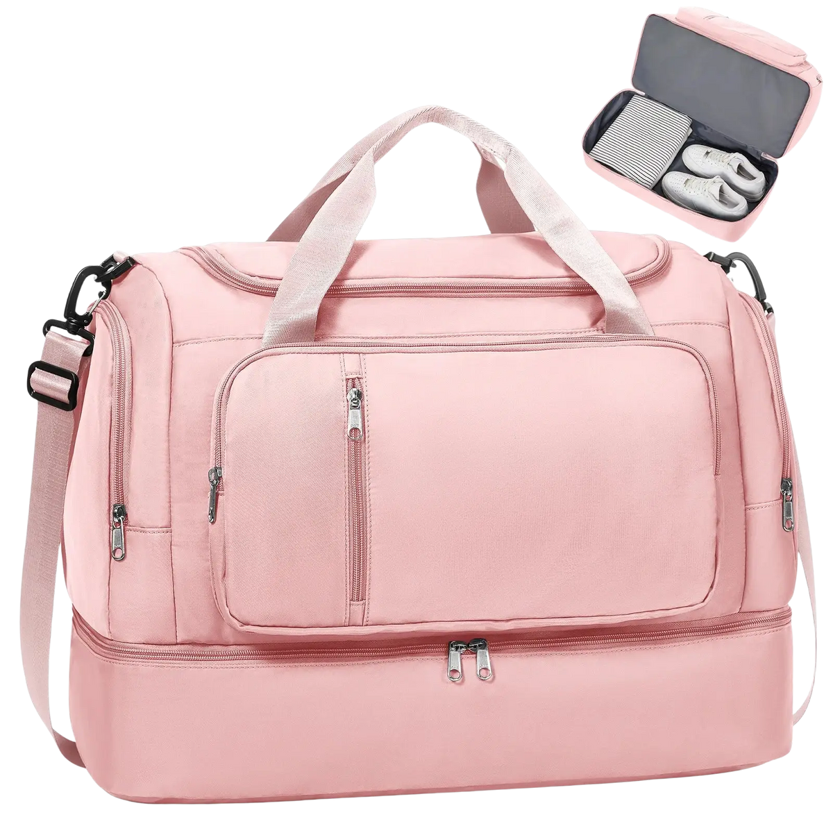 Pink nylon women travel duffel bag with multiple zippers and detachable shoulder strap for weekender use