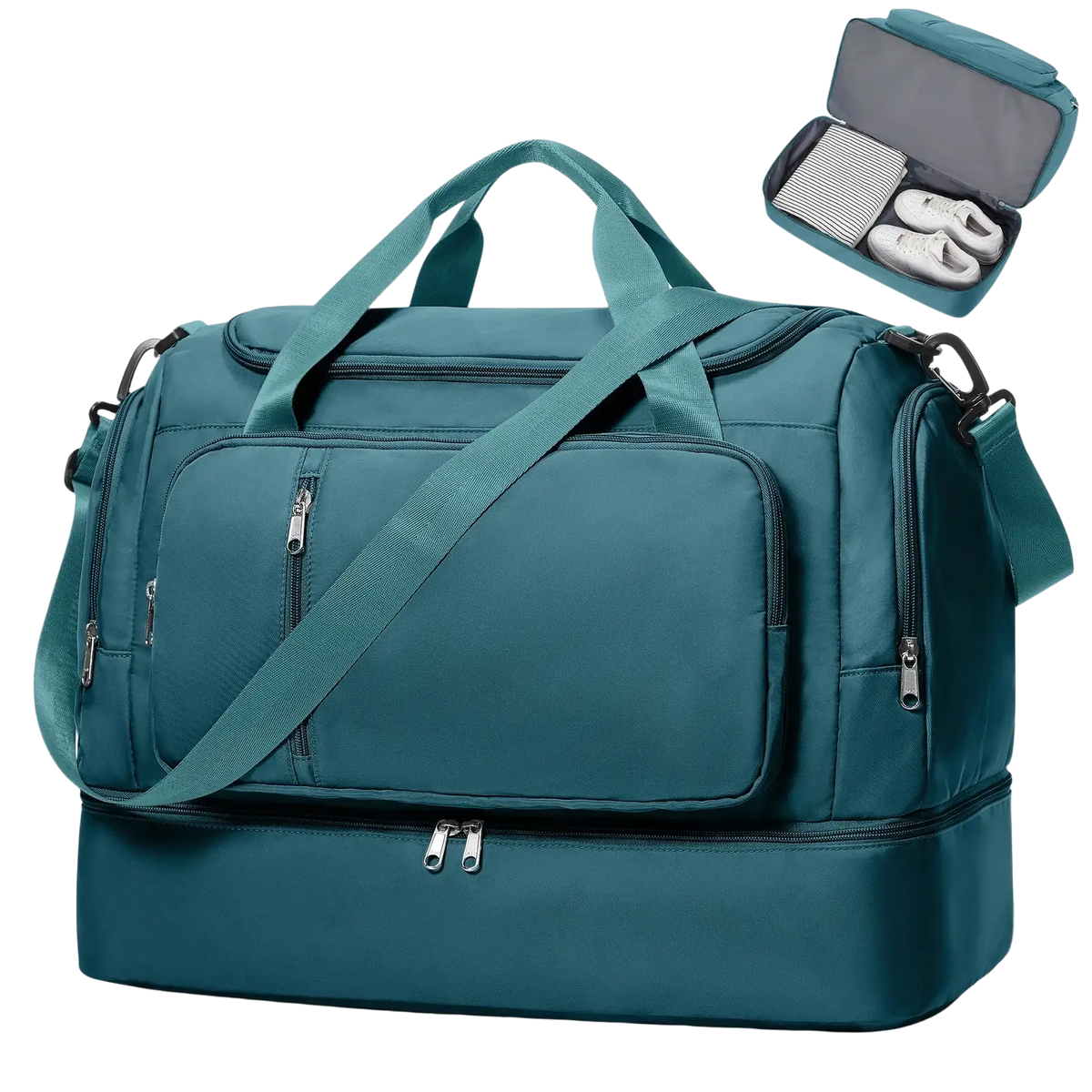 Teal durable nylon women travel duffel bag with multiple zippers and detachable shoulder strap for weekender use