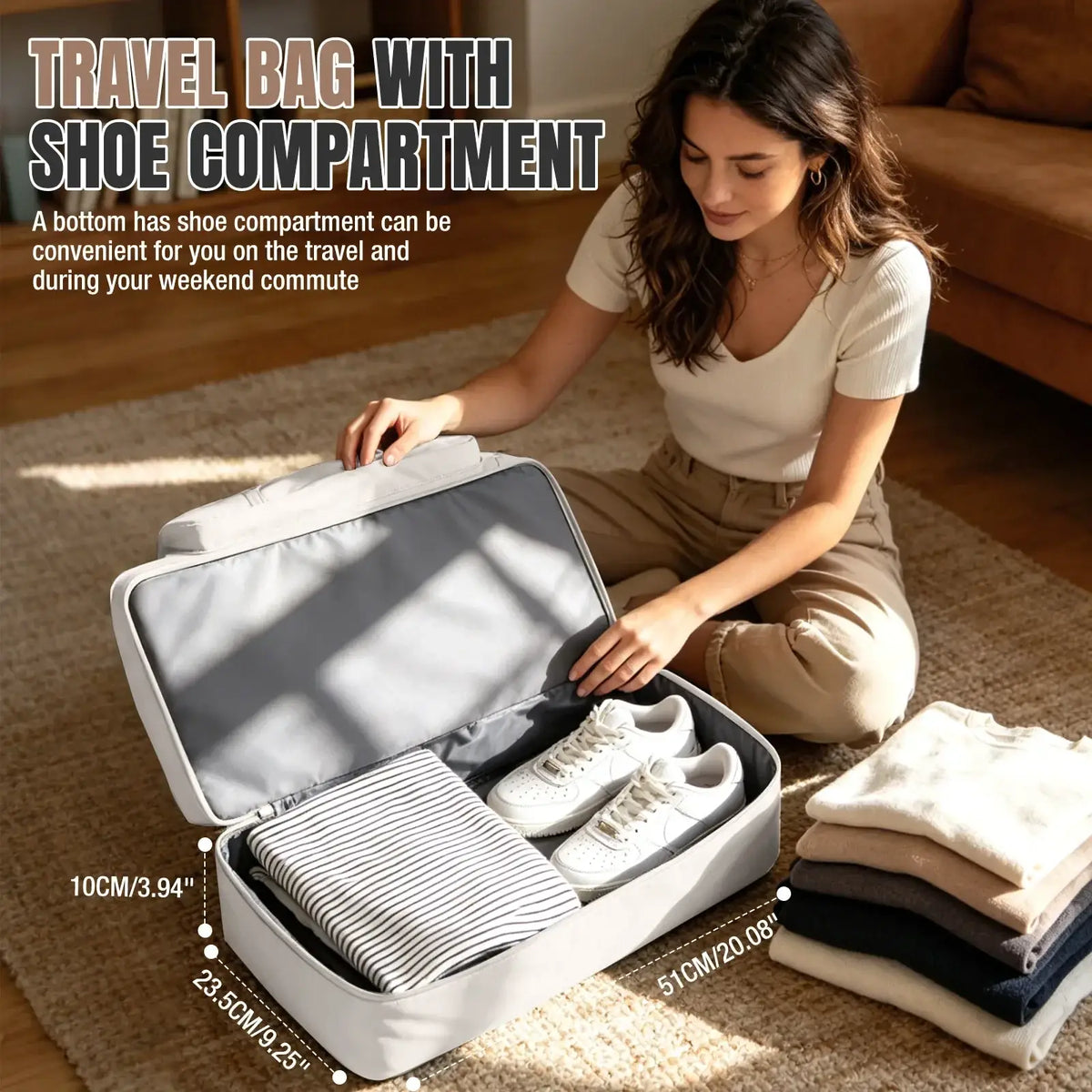 White women travel duffel bag with shoe compartment soft fabric exterior and interior lining for weekender use