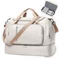 Beige nylon women travel duffel bag with tan straps and multiple zippered compartments for weekend getaways