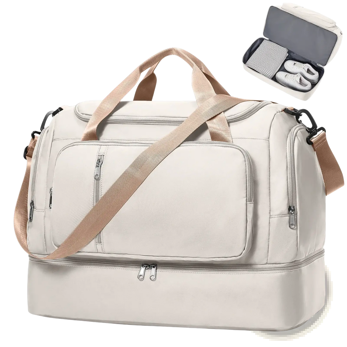 Beige nylon women travel duffel bag with tan straps and multiple zippered compartments for weekend getaways