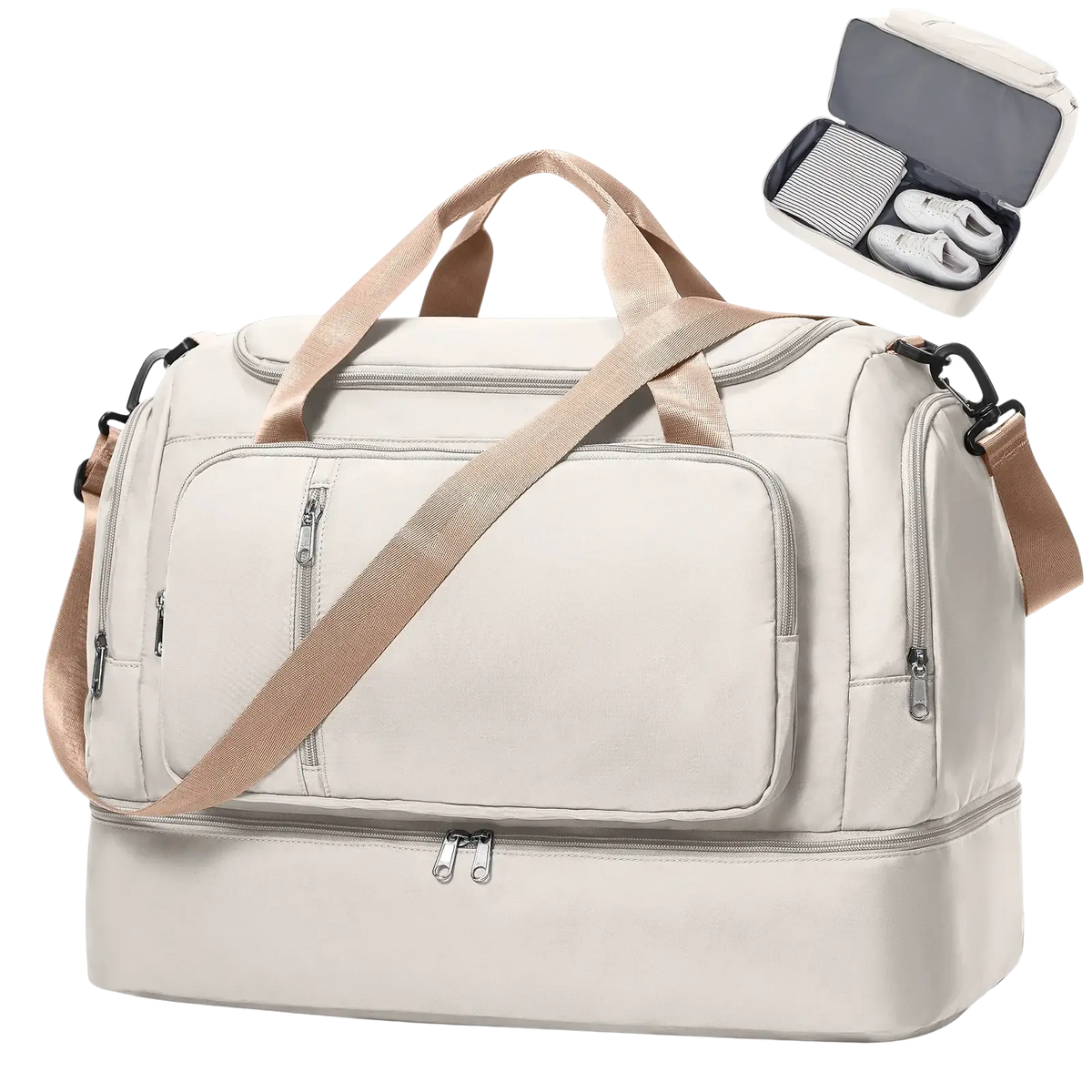 Beige nylon women travel duffel bag with tan straps and multiple zippered compartments for weekend getaways