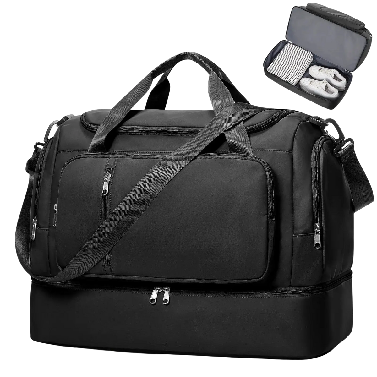 Black nylon women travel duffel bag with multiple zippers and detachable shoulder strap for weekender tote use