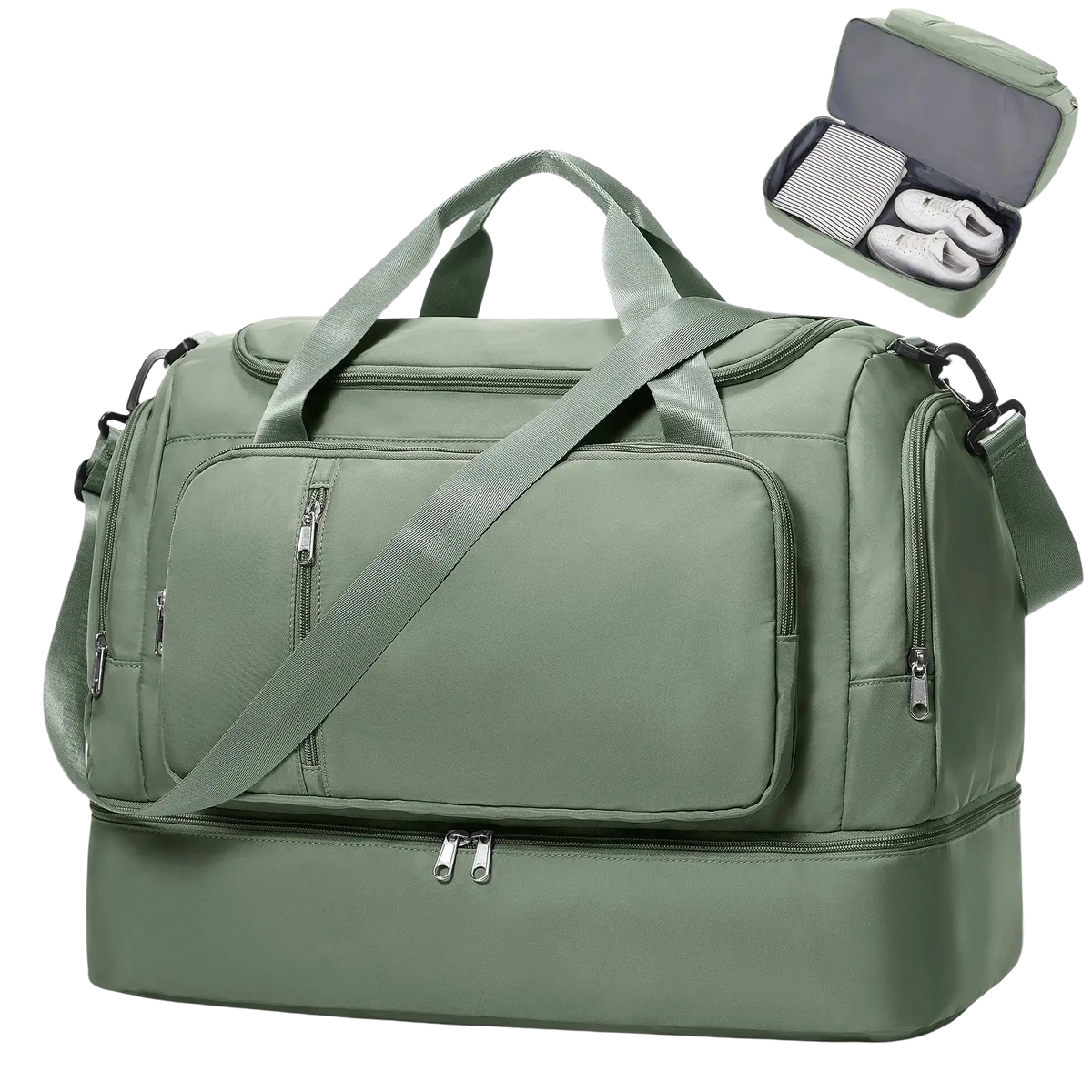 Olive green waterproof nylon women travel duffel bag with multiple zippers and detachable shoulder strap for weekender use