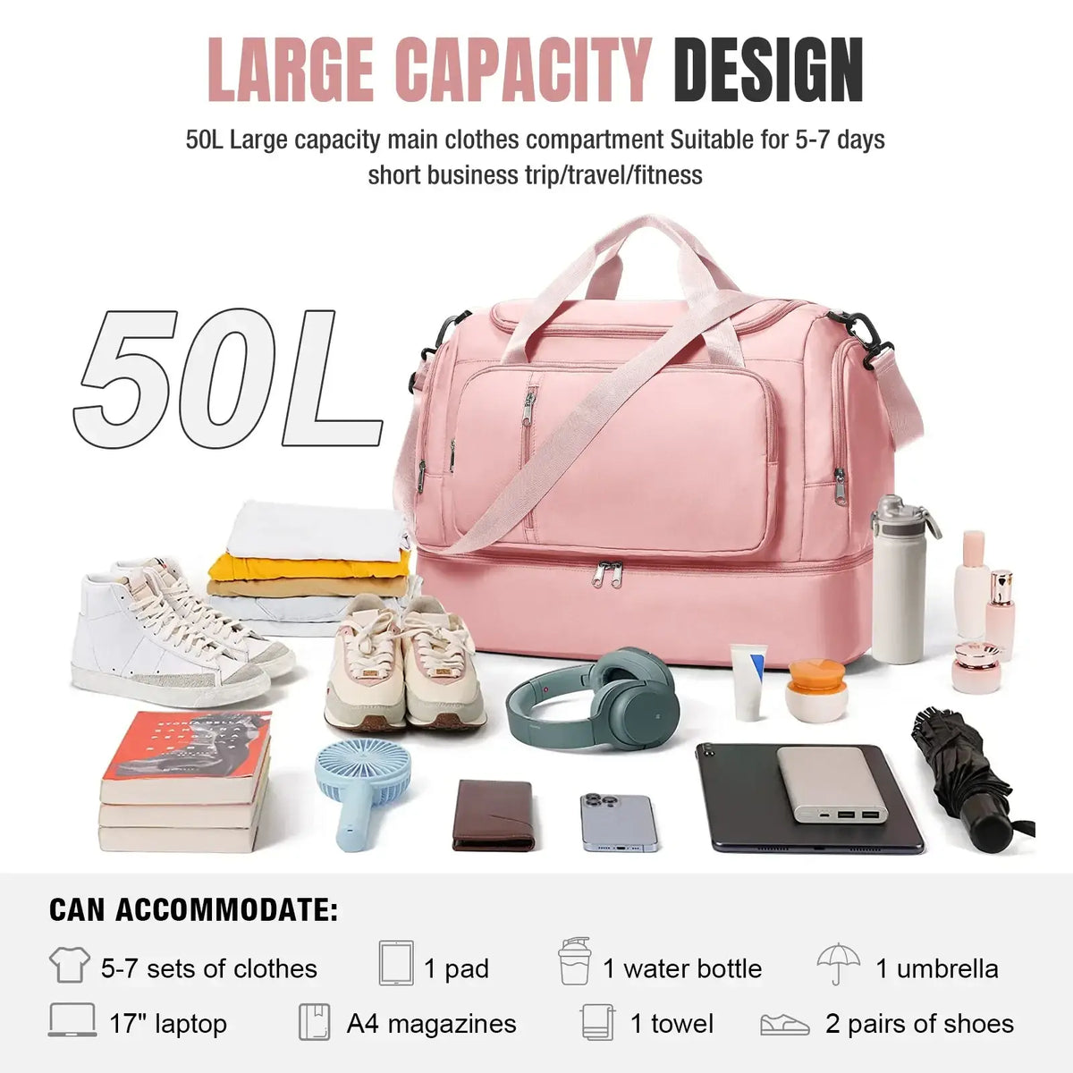 Pink 50l waterproof women travel duffel bag with main compartment and zipped pockets for short trips and fitness activities