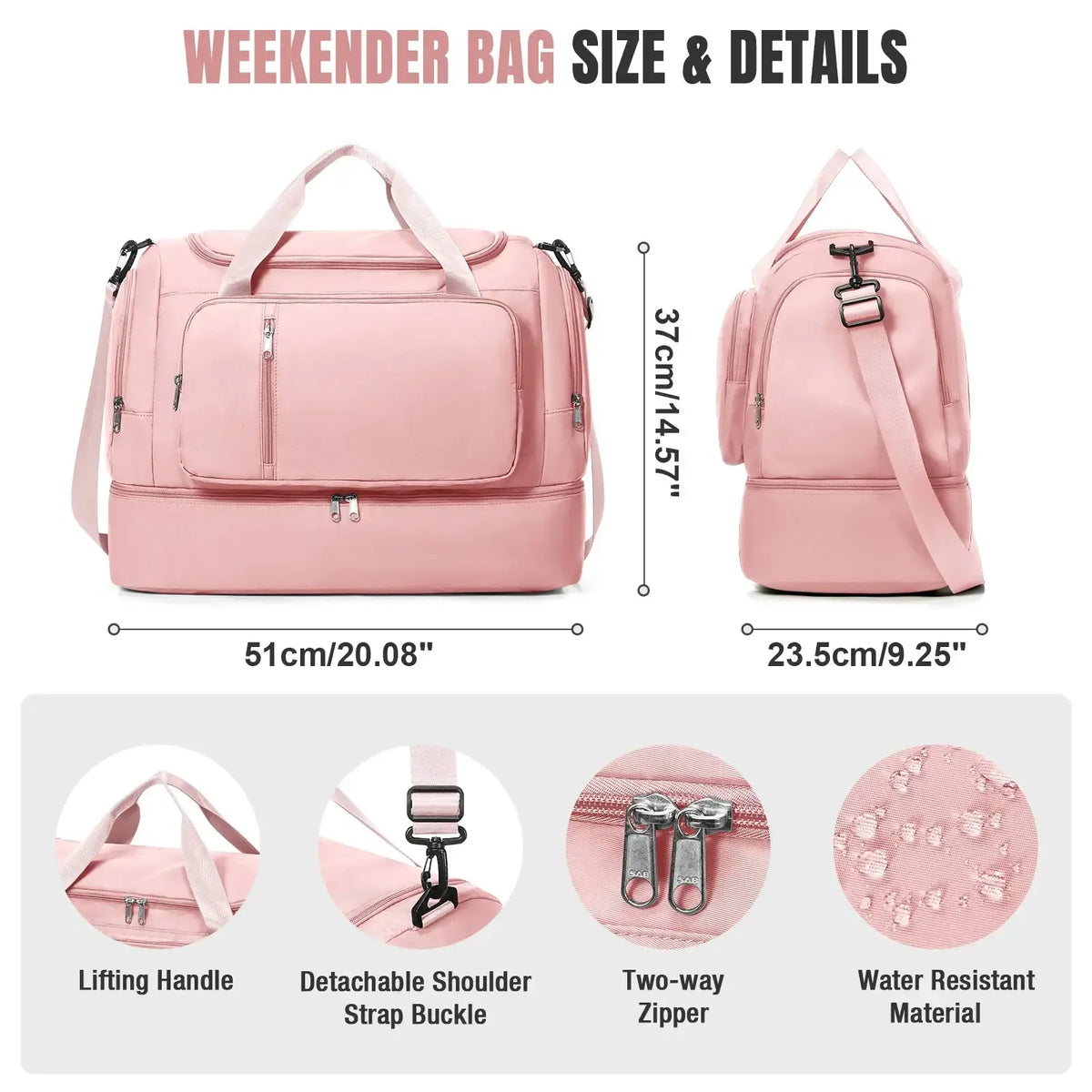 Pink waterproof women travel duffel bag weekender tote with detachable shoulder strap and two-way zipper