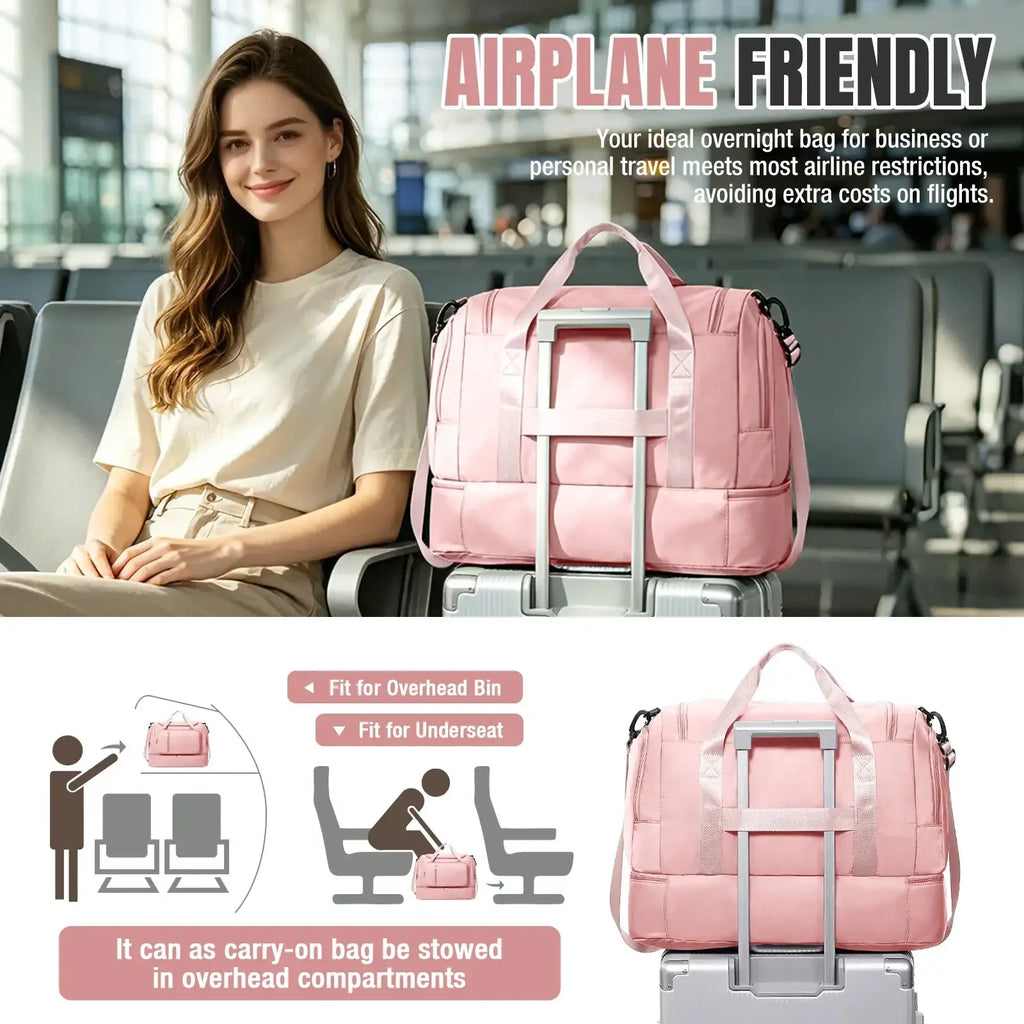 Pink waterproof women travel duffel bag with retractable handle and multiple compartments for overnight use