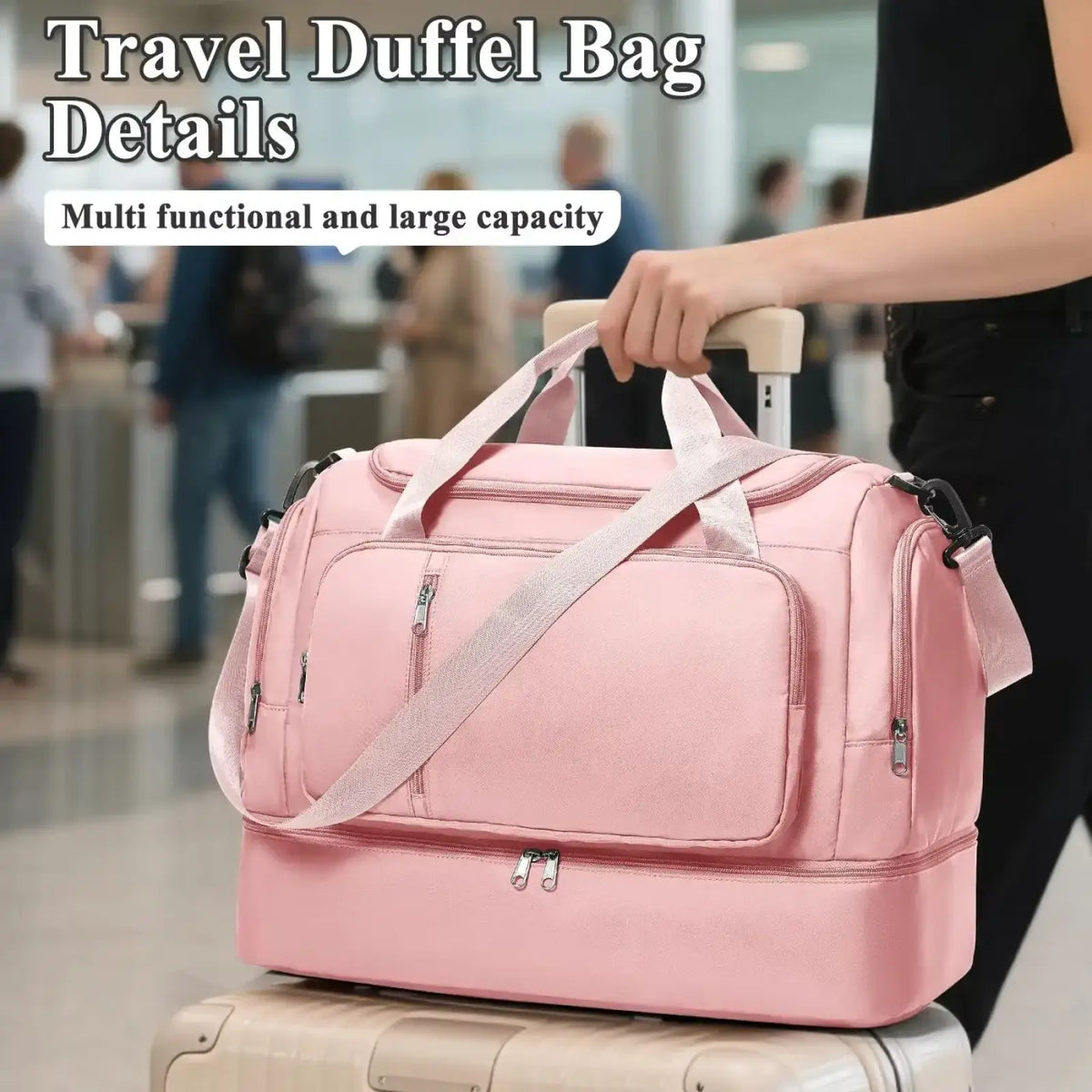 Pink waterproof women travel duffel bag with retractable handle and multiple zippered compartments weekender tote