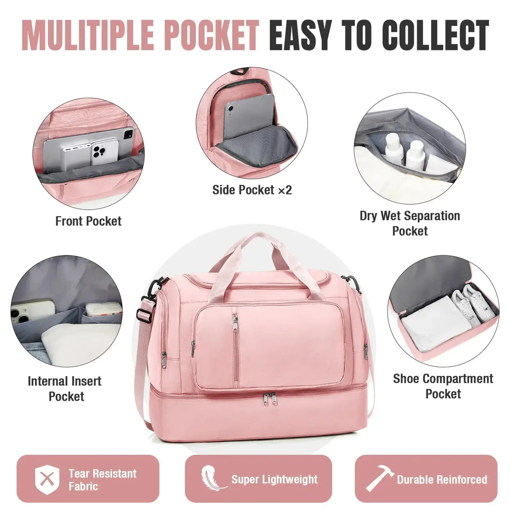 Pink multifunctional waterproof women travel duffel bag with multiple pockets and detachable shoulder strap for weekender use