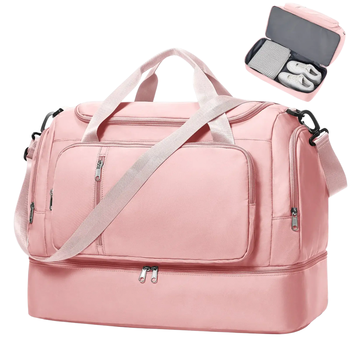 Pink nylon women travel duffel bag with multiple zippers and detachable shoulder strap for weekender use