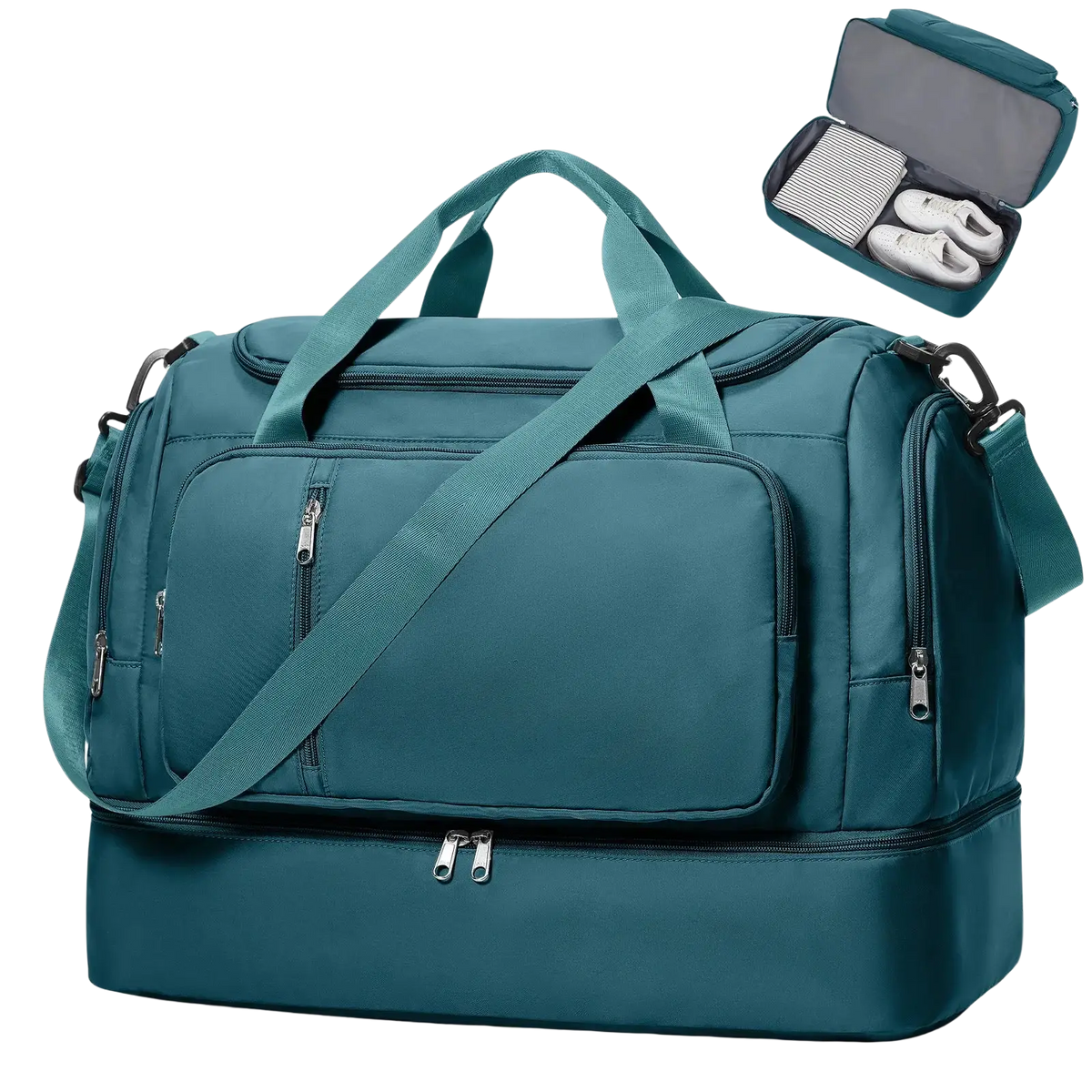 Teal durable waterproof fabric women travel duffel bag with multiple zippers and detachable shoulder strap for weekender use