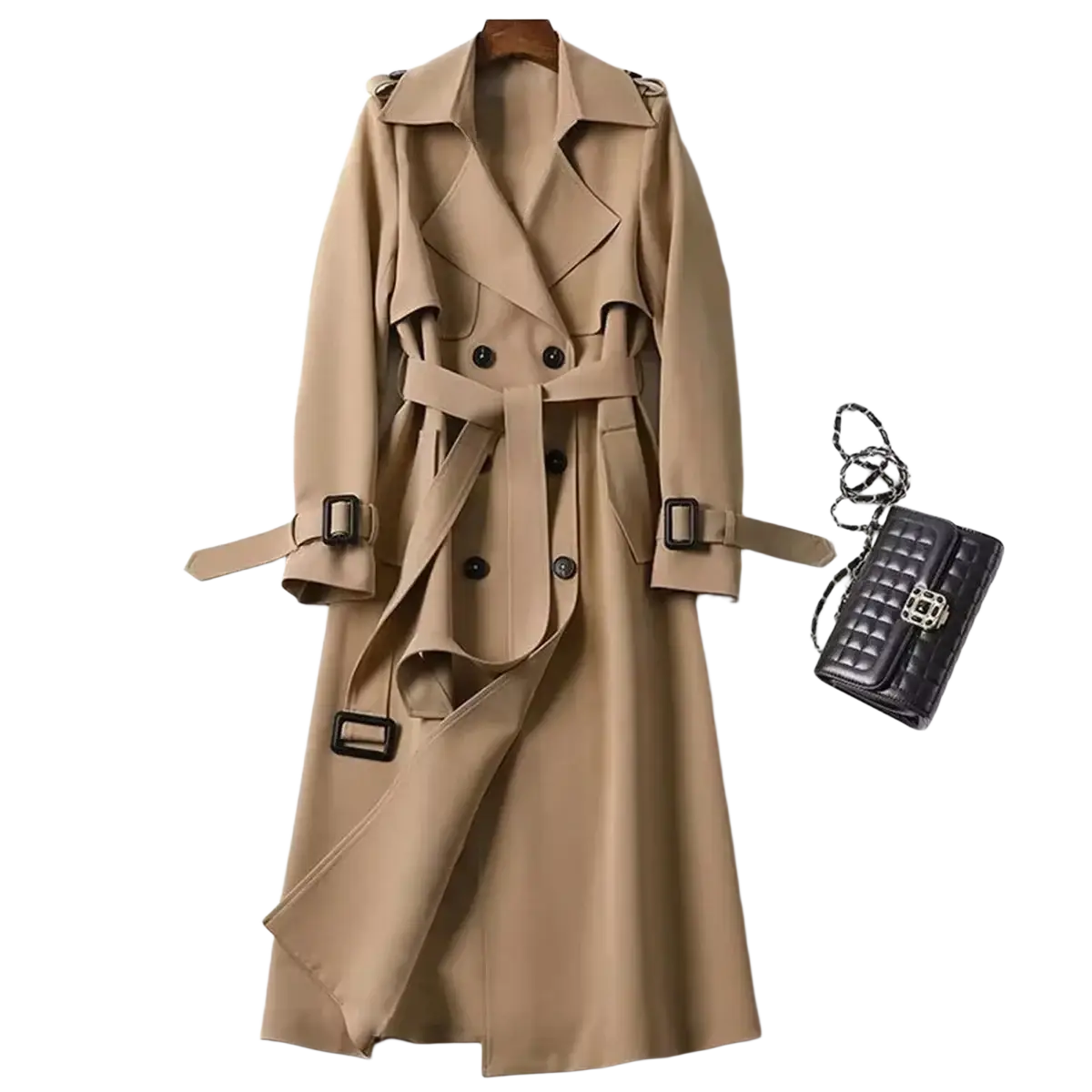Beige women trench coat with double breasted front and black buckle belt suitable for stylish outerwear