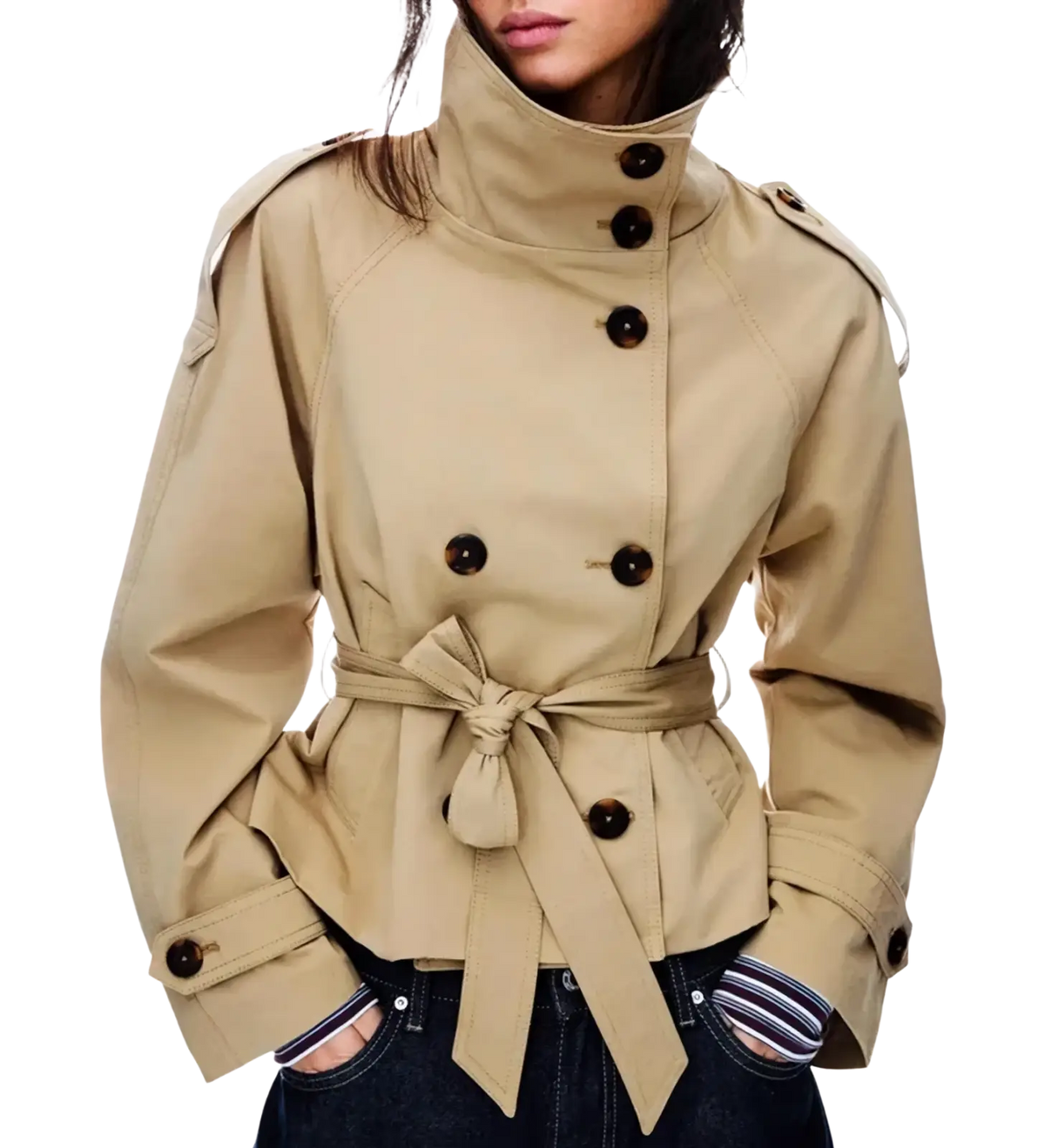 Beige women trench coat with dark brown buttons and belted waist double breasted outerwear for cool weather
