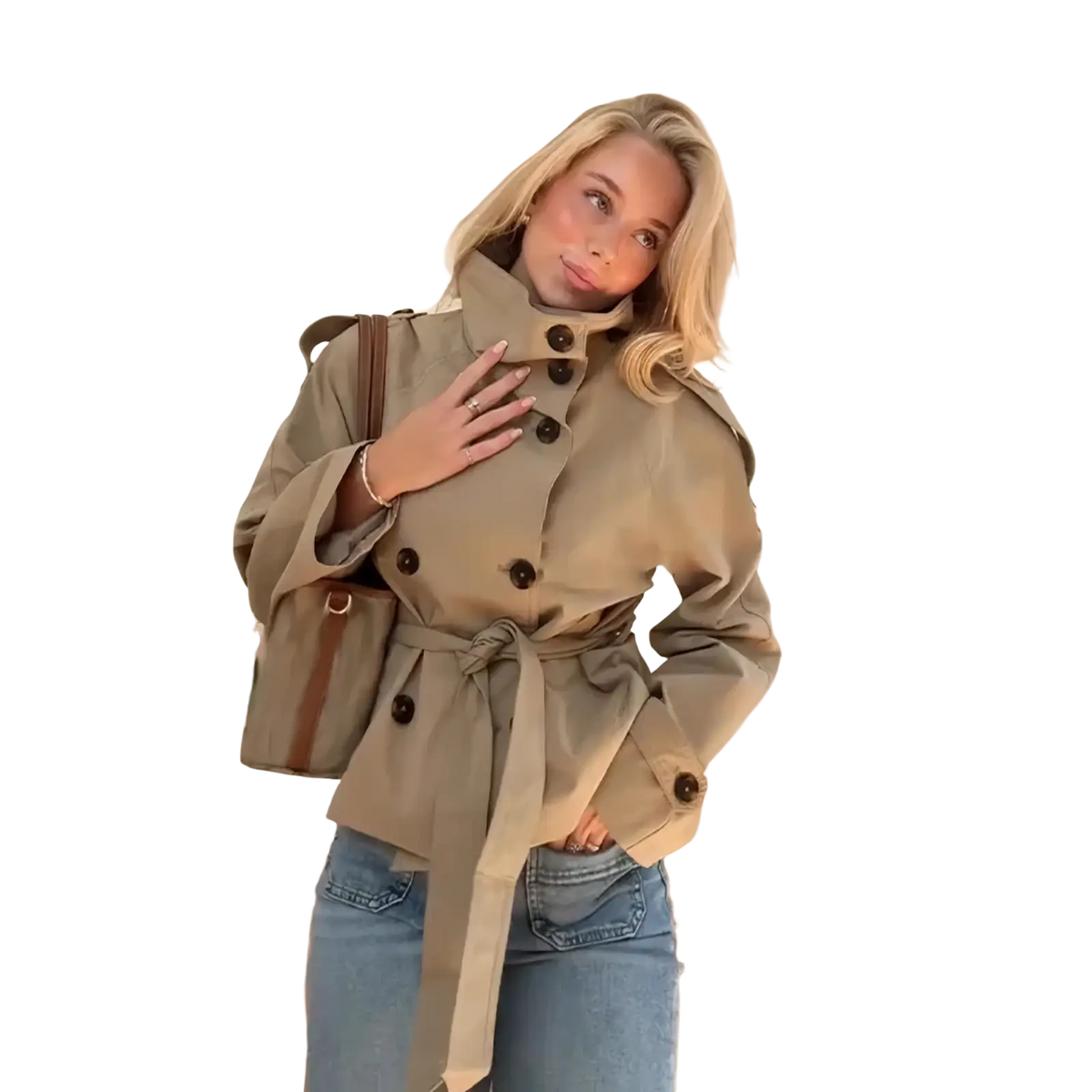 Beige women trench coat double breasted with dark brown buttons and a matching belt for stylish outerwear