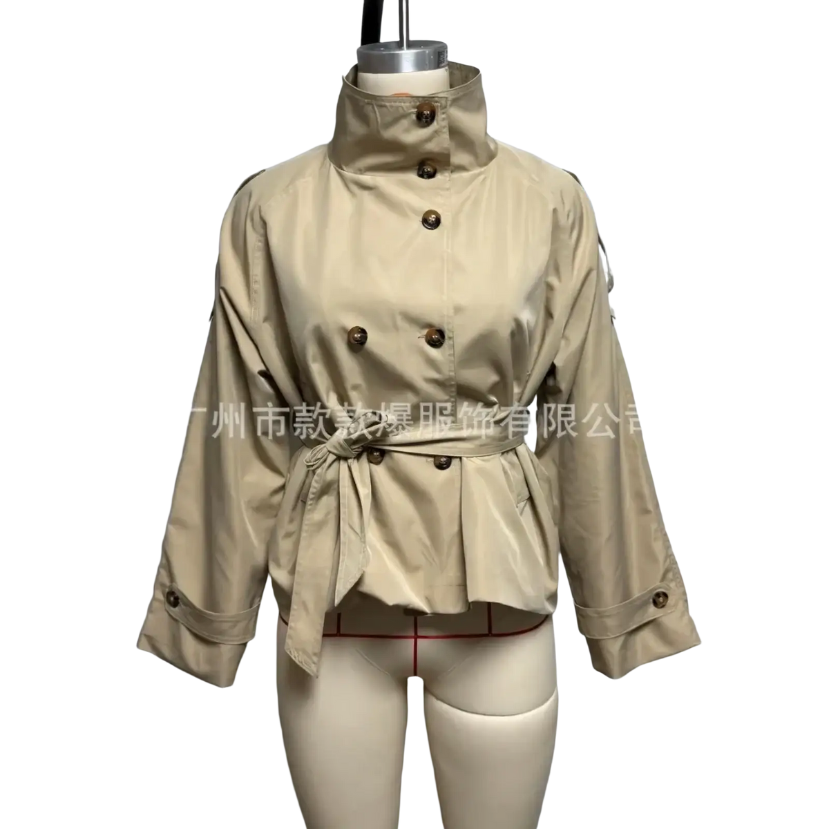 Beige women trench coat with high collar double-breasted front dark brown buttons and belted waist outerwear