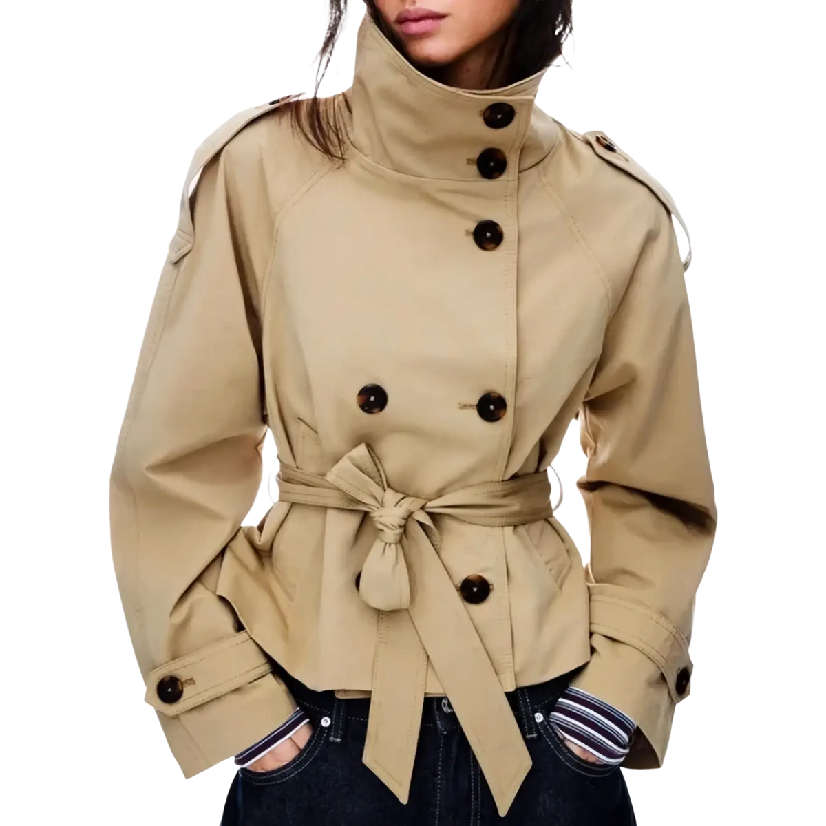 Beige women trench coat with black buttons and belted waist double breasted stylish outerwear garment