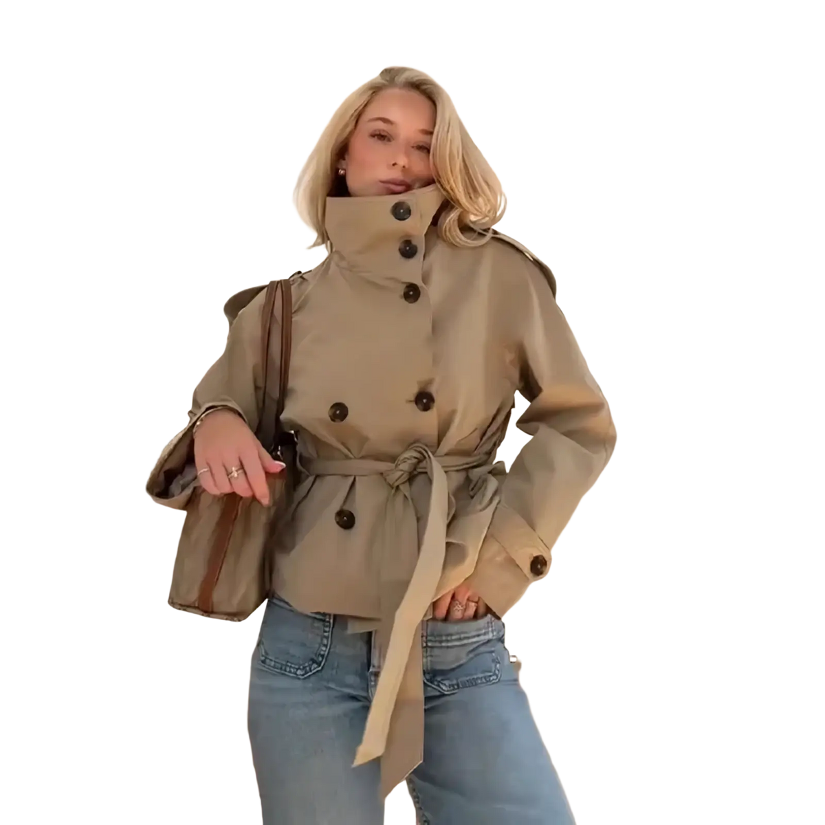 Beige double breasted women trench coat with high collar dark buttons and belted waist outerwear