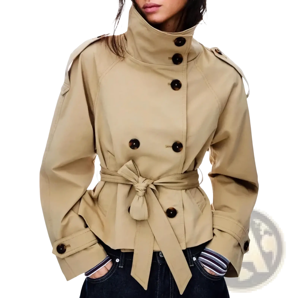 Beige women trench coat with black buttons and belted waist double breasted stylish outerwear garment