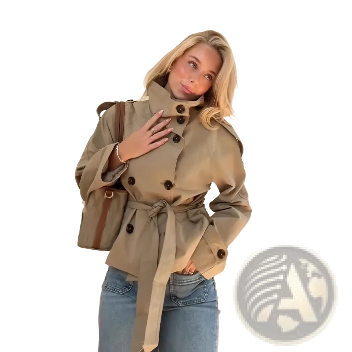 Beige women trench coat double breasted with dark brown buttons and a matching belt for stylish outerwear