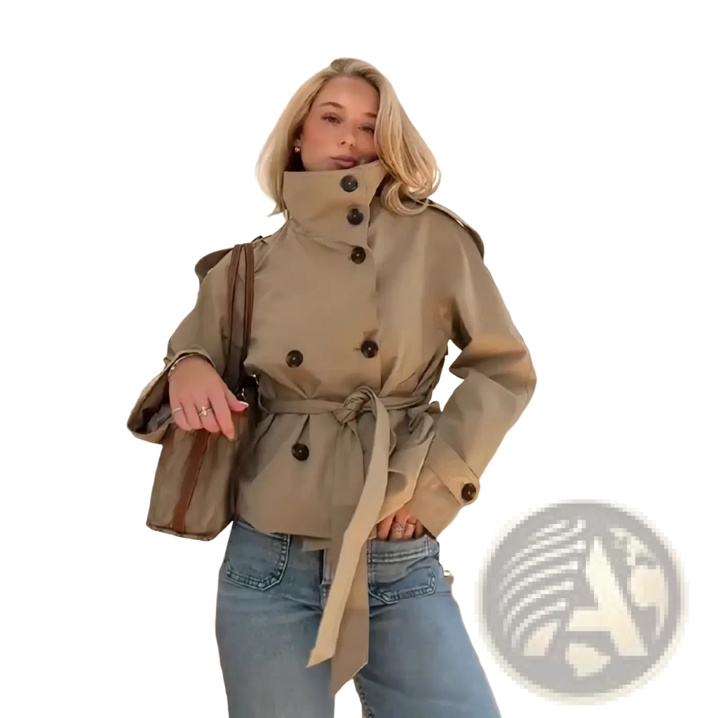 Beige double breasted women trench coat with high collar dark buttons and belted waist outerwear