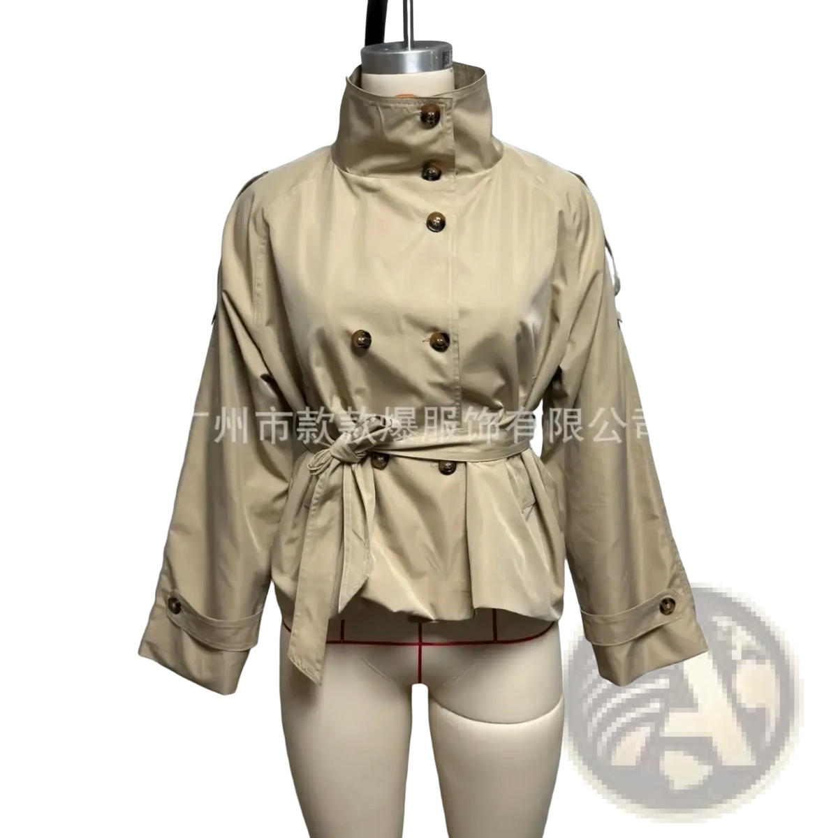 Beige women trench coat with high collar double-breasted front dark brown buttons and belted waist outerwear