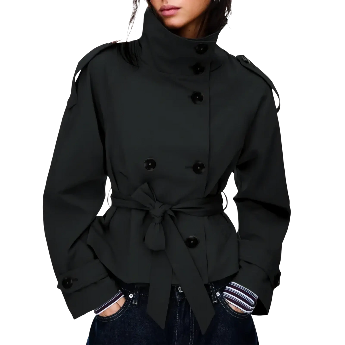 Women trench coat black double breasted belted outerwear with high collar and shoulder straps in classic design