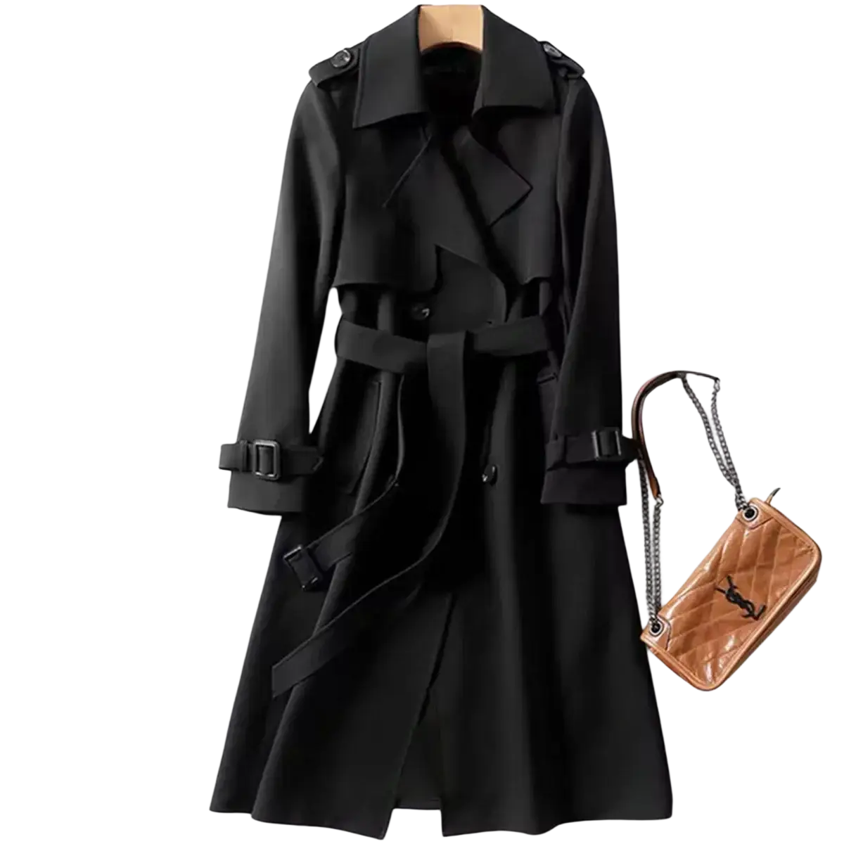 Women trench coat double breasted black with belted waist structured shoulders and classic collar outerwear