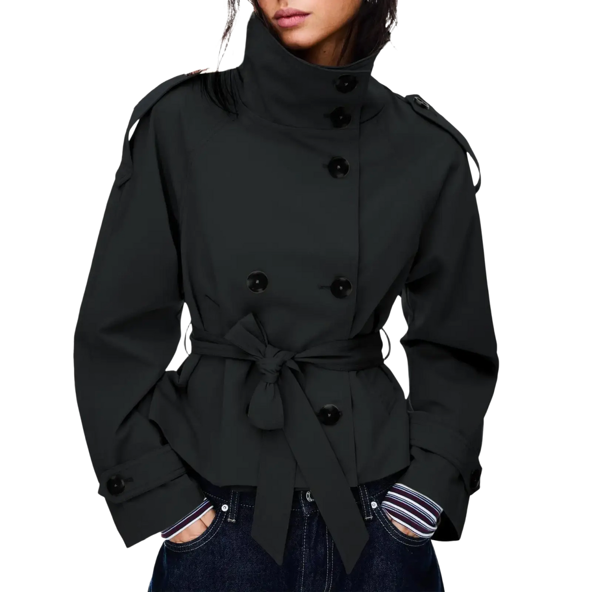 Women trench coat black double breasted belted outerwear with high collar shoulder straps and tailored fit