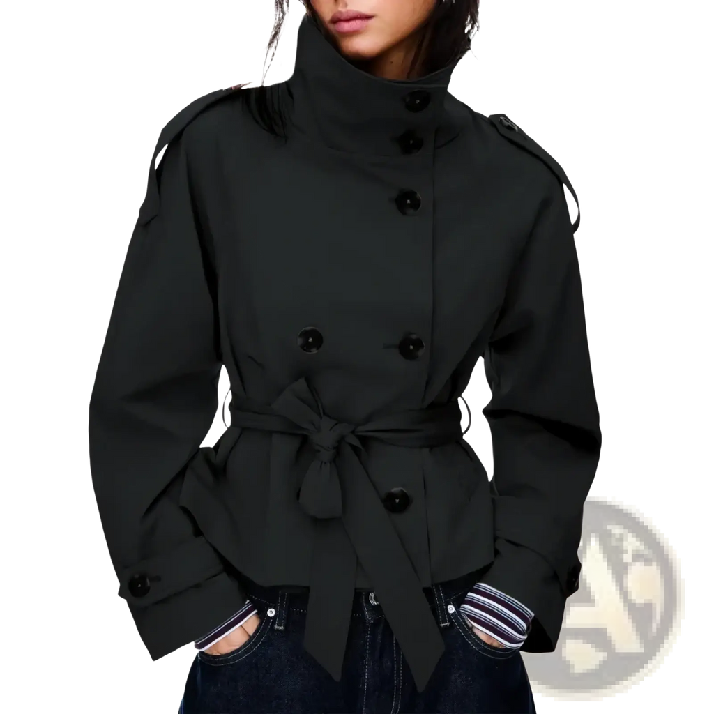 Women trench coat black double breasted belted outerwear with high collar and shoulder straps in classic design
