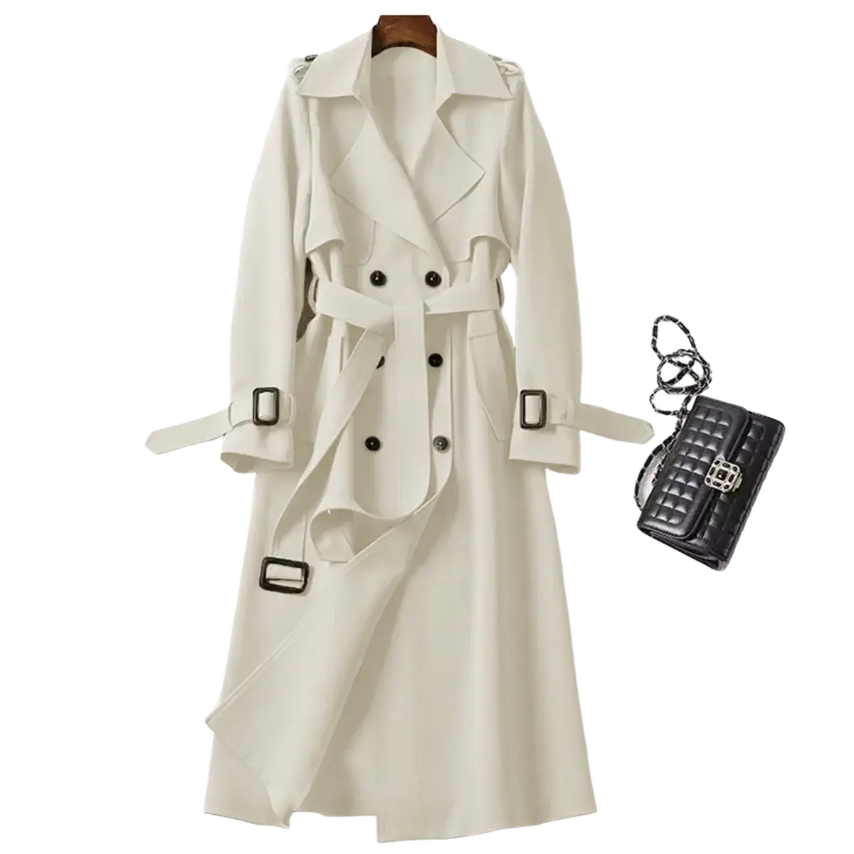 Cream-colored women trench coat with double-breasted front black buttons and belted outerwear design
