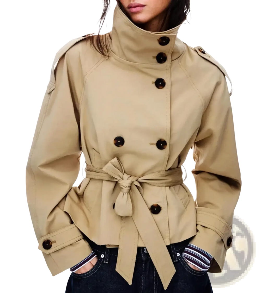 Beige women trench coat with dark brown buttons and belted waist double breasted outerwear for cool weather