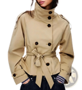 Beige women trench coat with dark brown buttons and belted waist double breasted outerwear for cool weather