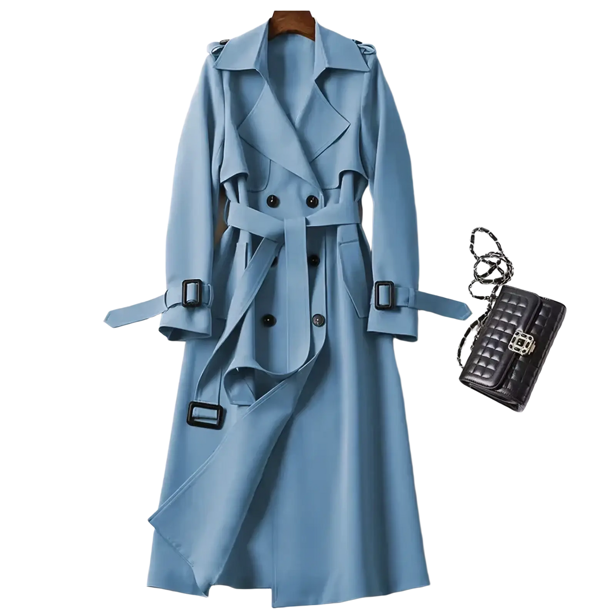 Women trench coat light blue double breasted belted outerwear with black buttons for stylish layering