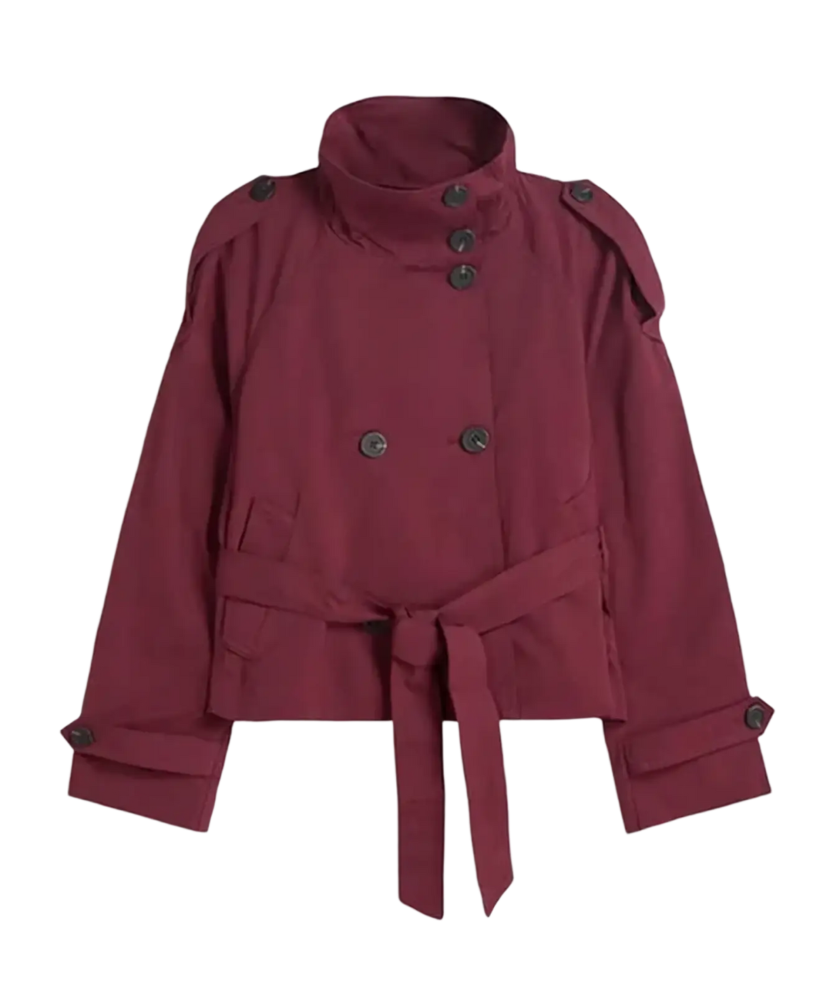 Women trench coat double breasted maroon belted outerwear with high collar and dark buttons in soft fabric