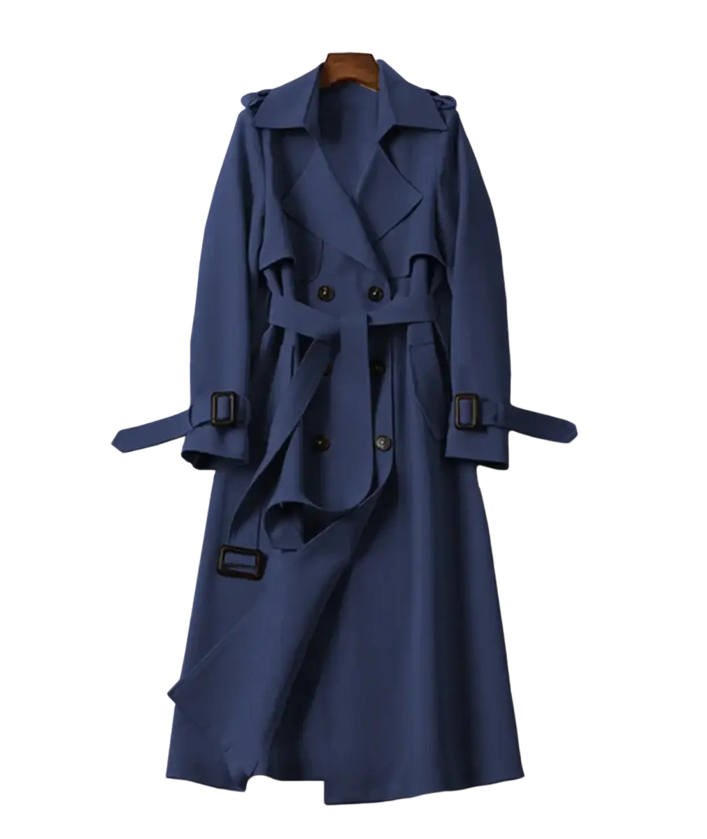 Navy blue women trench coat double breasted with belted waist and structured shoulders in classic outerwear style