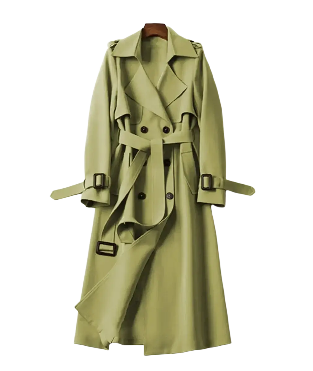 Olive green women’s trench coat with double breasted front black buttons and belted outerwear design
