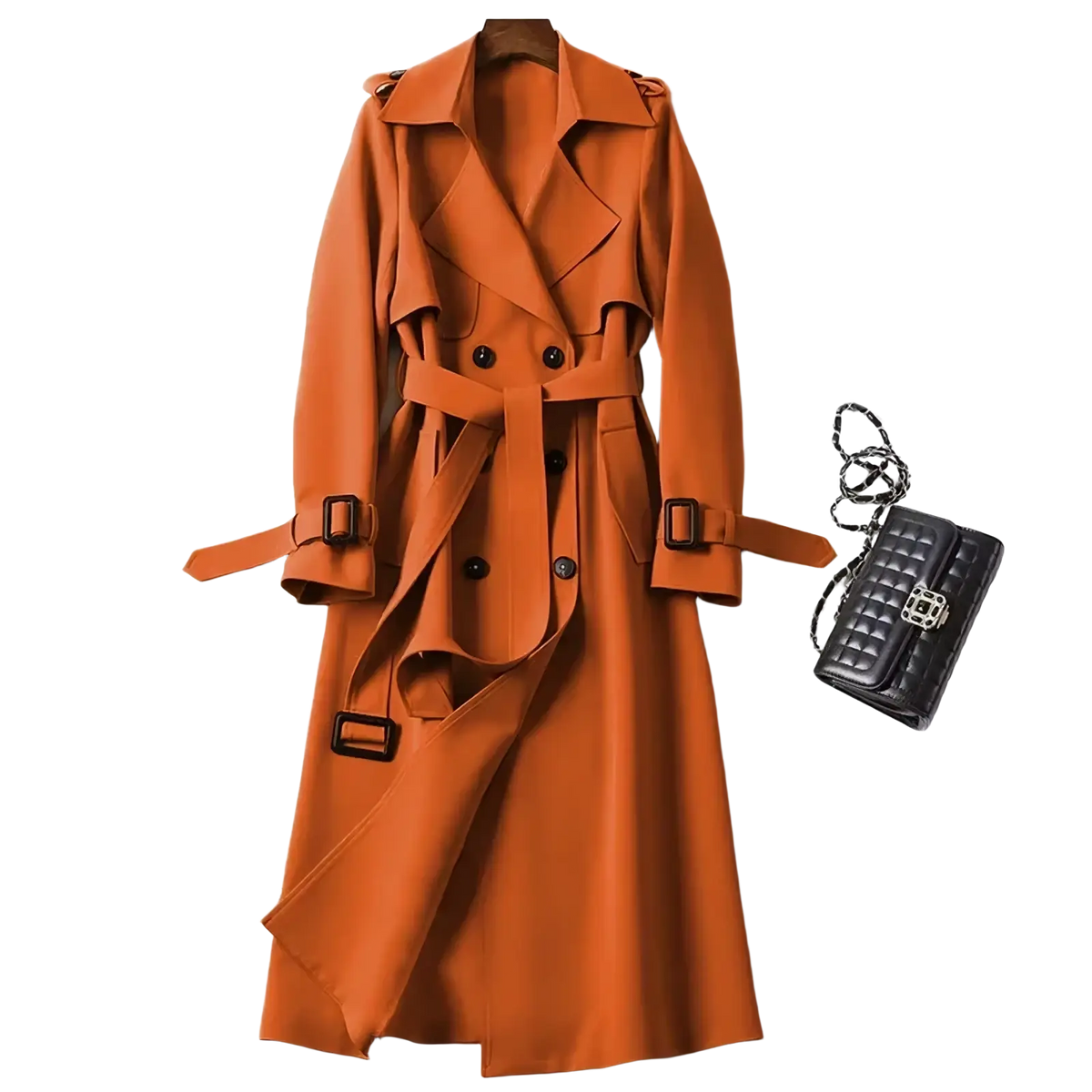 A sleek rust orange women trench coat with double-breasted front and matching belted waist outerwear