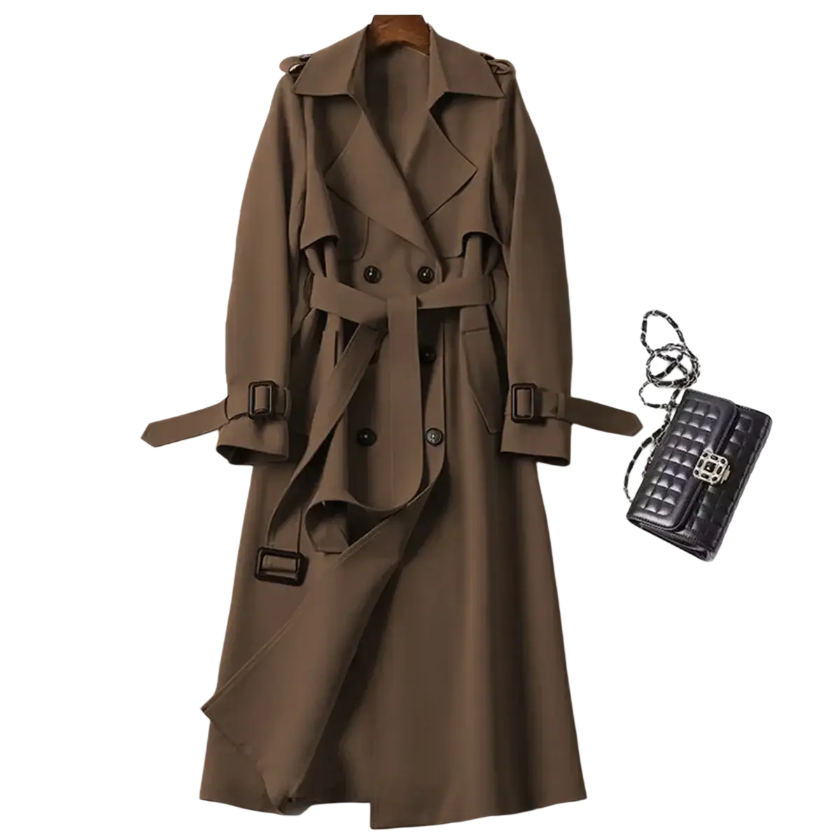 A sleek taupe women trench coat with double breasted front and belted waist perfect for stylish outerwear