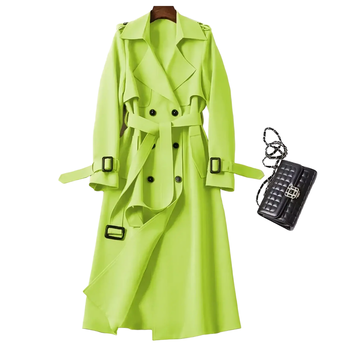A vibrant lime green women trench coat with double-breasted front black buttons and belted outerwear design