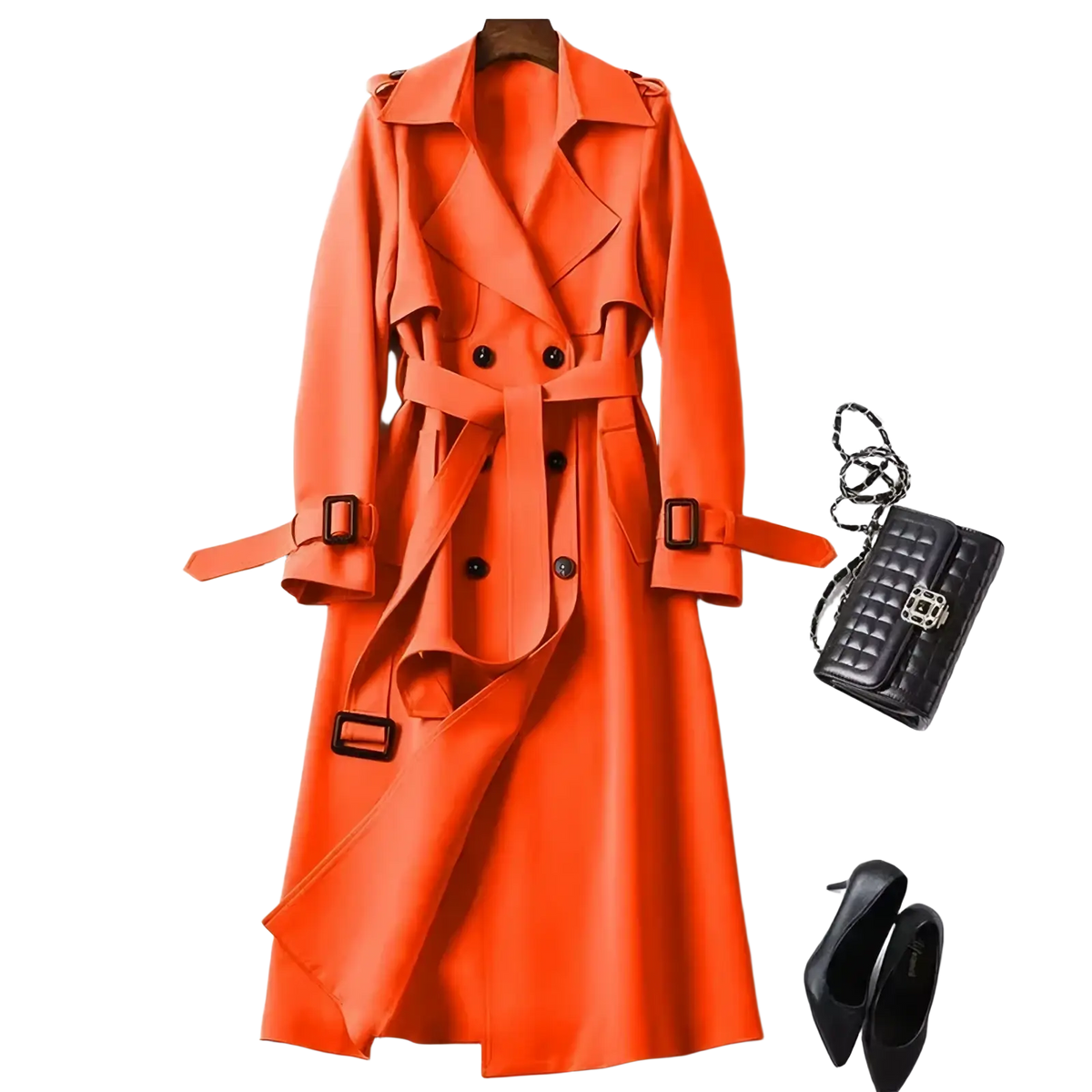 Women trench coat in vibrant orange featuring a sleek double-breasted design with black belt accents