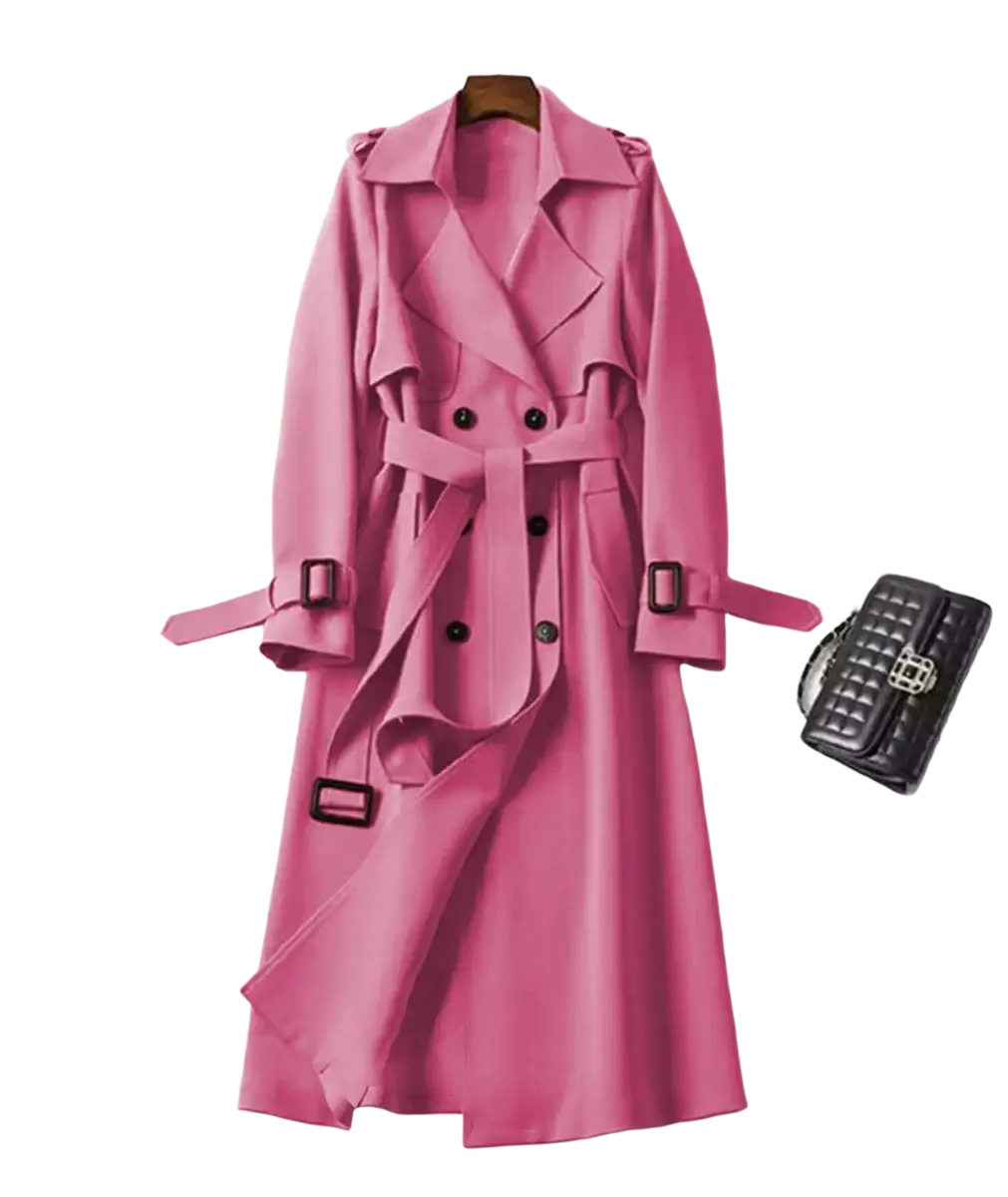 A vibrant pink women trench coat with double breasted front black buttons and belted outerwear design