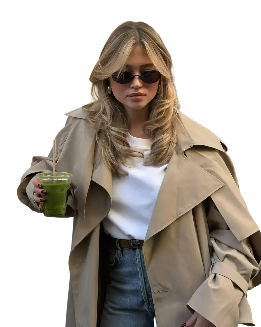 Beige trench coat with wide lapels and belted waist for women casual long outerwear in black color option