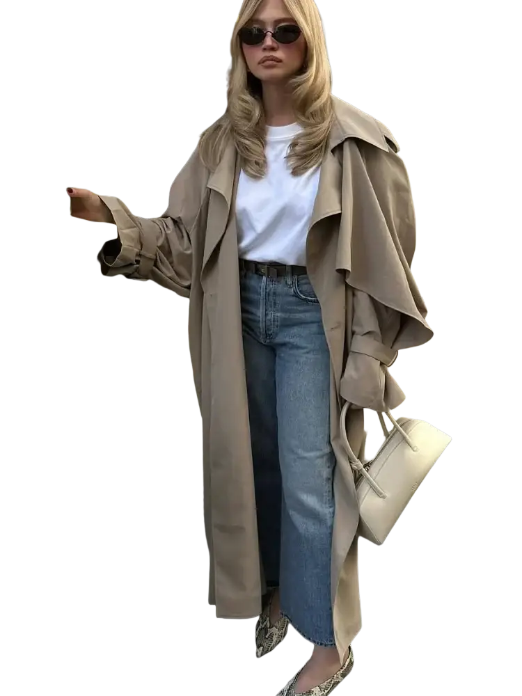 Beige women’s trench coat with wide lapels and belted waist long casual outerwear in black product line