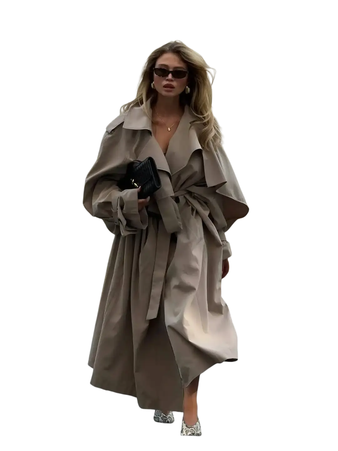 Beige oversized trench coat with wide lapels and belted waist for women long casual outerwear black product