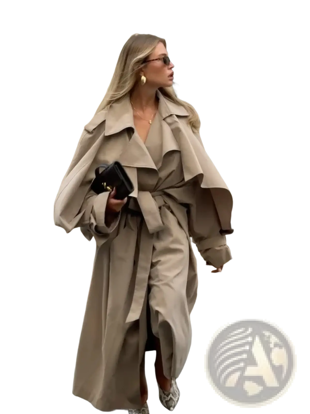 Beige trench coat with wide lapels and belted waist designed as long casual outerwear for women