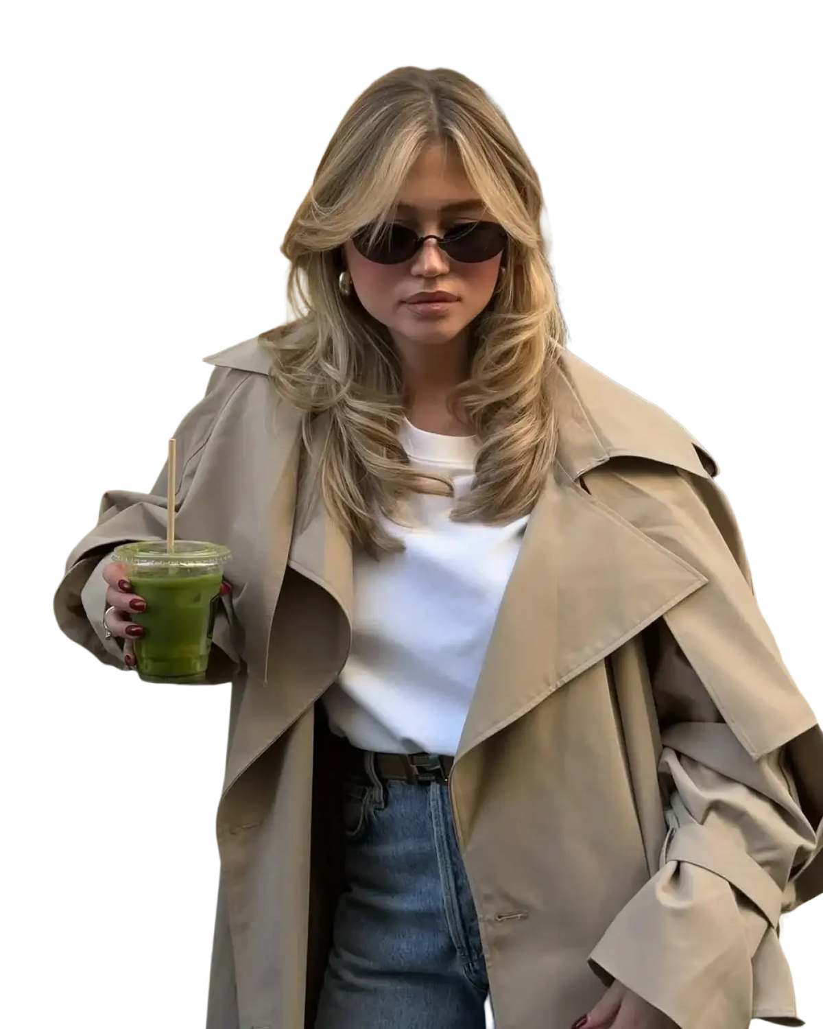 Beige trench coat with wide lapels and belted waist for women casual long outerwear in black color option