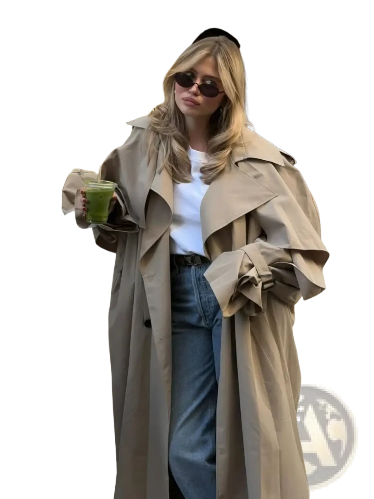 Beige trench coat with wide lapels and belted waist designed for women long casual outerwear in black