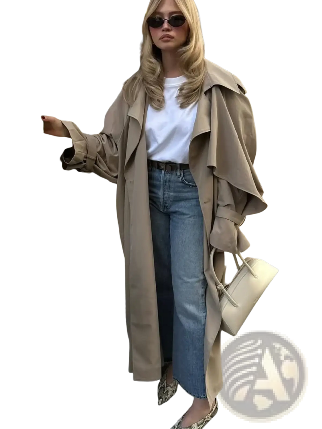 Beige women’s trench coat with wide lapels and belted waist long casual outerwear in black product line