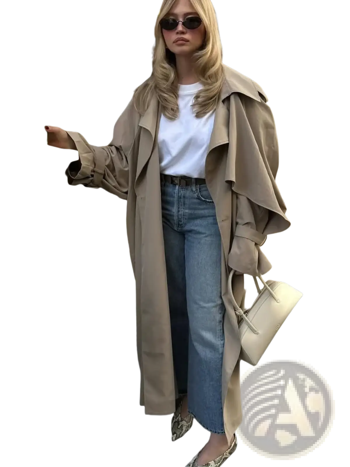 Beige women’s trench coat with wide lapels and belted waist long casual outerwear in black product line